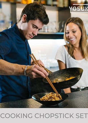 YOSUKATA Reusable Natural Wooden Long Cooking Chopsticks Set of 3 pairs: 11.8 inch, 13-inch, 14.2 inch Brown Long Wok Wooden Chopsticks Reusable