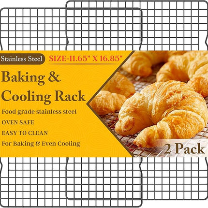 2PCS Cooling Racks for Cooking and Baking -11.65''x16.85''Heavy Duty Stainless Steel Wire Rack for Baking, Grilling, Roasting - Oven & Dishwasher Safe - Fits Half Sheet Pan（Black）