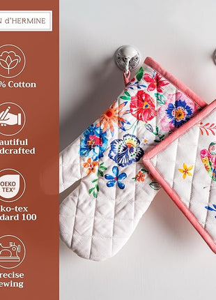 Maison d' Hermine 100% Cotton Oven Mitt & Pot Holder Set (7.5"x13" & 8"x8") Heat Resistant BBQ Cooking Gloves with Loop, Grilling, Kitchen, Handling Hot Pan Spring/Summer (Happy Florals - High Summer)