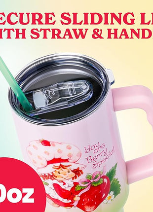 Silver Buffalo Strawberry Shortcake You Are Berry Special Vintage Pink and Green Ombre Stainless Steel Tumbler with Handle and Straw, Fits in Standard Cup Holder, 40 Ounces