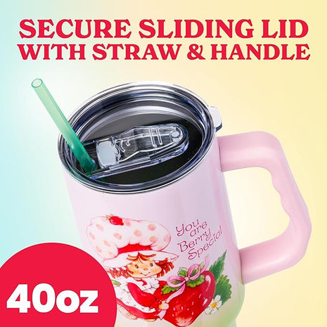 Silver Buffalo Strawberry Shortcake You Are Berry Special Vintage Pink and Green Ombre Stainless Steel Tumbler with Handle and Straw, Fits in Standard Cup Holder, 40 Ounces