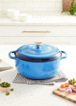 Lodge 7.5 Quart Enameled Cast Iron Dutch Oven with Lid – Dual Handles – Oven Safe up to 500° F or on Stovetop - Use to Marinate, Cook, Bake, Refrigerate and Serve – Caribbean Blue