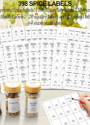 AISIPRIN Glass Spice Jars with 398 Labels-4oz 24 Pcs,Round Seasoning Jars with Bamboo Airtight Lids,Spice Container Set -Shaker Lids, Funnel,Brush and Marker Included