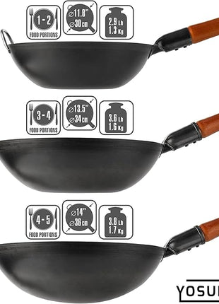 YOSUKATA 14" Carbon Steel Wok with Round Bottom – Pre-Seasoned Pow Wok for Stir Fry – Traditional Chinese Japanese Black Steel Pan – Outdoor Cookware for Gas Stovetops, Open Fire, BBQ, Camping