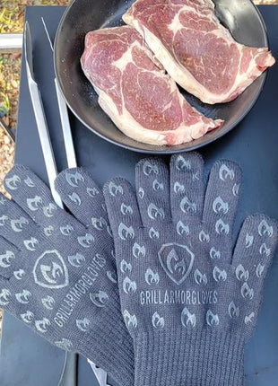 Oven Gloves with Fingers - 932°F Extreme Heat Proof and Cut Resistant Mitts for Kitchen, BBQ, Grill, Baking, Fire Pit - EN407 Certified with Non-Slip Silicone Grip and Cotton Lined for Comfort