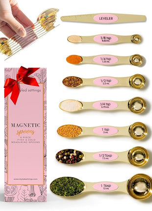 Pink Magnetic Measuring Spoons Set - 8-Piece Dual-Sided Stainless Steel Spoons, Stackable and Spice Jar Friendly – Stylish Pink Kitchen Accessories for Cooking and Baking