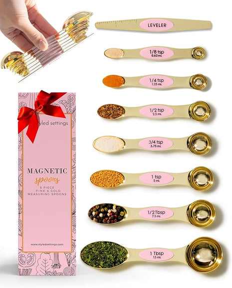 Pink Magnetic Measuring Spoons Set - 8-Piece Dual-Sided Stainless Steel Spoons, Stackable and Spice Jar Friendly – Stylish Pink Kitchen Accessories for Cooking and Baking