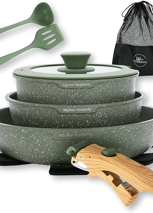 Kitchen Academy Removable Handle Pots and Pans Set - 10 Pieces Green Cookware Set with Removable Handle, RV Induction Cookware Set for Camp