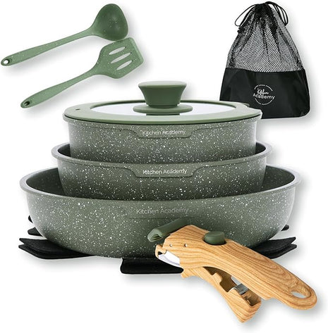 Kitchen Academy Removable Handle Pots and Pans Set - 10 Pieces Green Cookware Set with Removable Handle, RV Induction Cookware Set for Camp