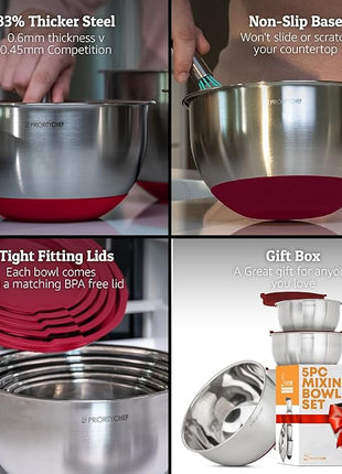Priority Chef Premium Mixing Bowls With Airtight Lids Set, Thicker Stainless Steel Mixing Bowl Set, Large Prep Metal Bowls with Lids, Nesting Bowls for Kitchen, 1.5/2/3/4/5 Qrt, Red