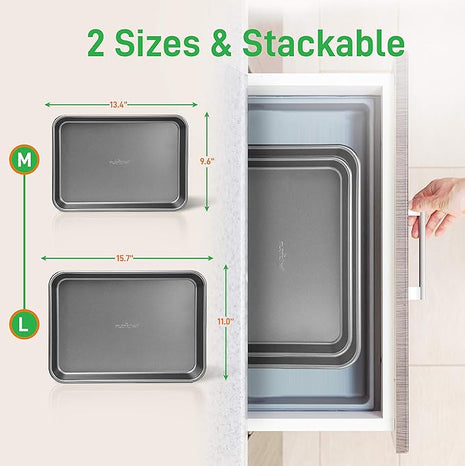 NutriChef 2-Piece Large & Medium Cookie Sheets for Baking - Non Stick Baking Sheet for Cookies, Sheet Cakes & Roasting - Dishwasher Safe - Gray