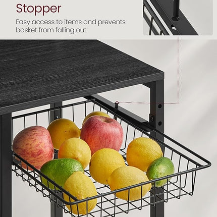 VASAGLE Bakers Rack with Power Outlet, 35.4 Inches Microwave Stand, Coffee Bar, 4 AC Outlets, with Adjustable Shelves, 8 S-Hooks, Basket, Spice Racks, Charcoal Gray and Ink Black UKKS031B22