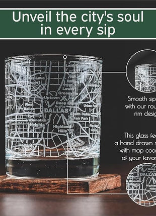 Greenline Goods Whiskey Glasses - 10 Oz Tumbler Set for Dallas lovers, Etched with Dallas Map Old Fashioned Rocks Glass - Set of 2