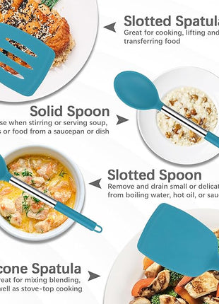 Silicone Spatula Spoon Set, 4 PCS Silicone Cooking Utensils Spatula Spoon Set with Stainless Steel Handle, BPA Free Kitchen Turners for Frying, Mixing, Serving, Draining, Turning, Stirring, Blue
