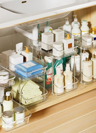 Delamu 2-Tier Under Sink Organizers and Storage, Multi-Purpose Stackable Bathroom Cabinet Organizers, Pull Out Kitchen Pantry Organization and Storage with Dividers(4 Pack, Clear)
