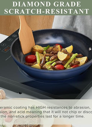 Nuwave Healthy Duralon Blue Ceramic Nonstick Cookware Set, Diamond Infused Scratch-Resistant, PFAS Free, Dishwasher & Oven Safe, Induction Ready & Evenly Heats, Tempered Glass Lids & Stay-Cool Handles