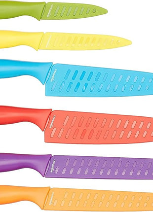 Amazon Basics Color-Coded Dishwasher Safe Kitchen 12-Piece Knife Set, 6 Knives with 6 Blade Guards, Multicolor, 13.88 x 4.13 x 1.38 inch