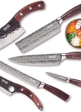Jikko New Reinforced Carbon Steel Japanese Kitchen Knife Set – DiamondRazor Series – Ultra Sharp Japanese Knife Set & Chef Knife Set with Mahogany Wood Handles – Professional Chef's Knives