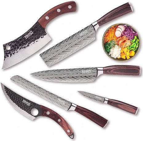 Jikko New Reinforced Carbon Steel Japanese Kitchen Knife Set – DiamondRazor Series – Ultra Sharp Japanese Knife Set & Chef Knife Set with Mahogany Wood Handles – Professional Chef's Knives