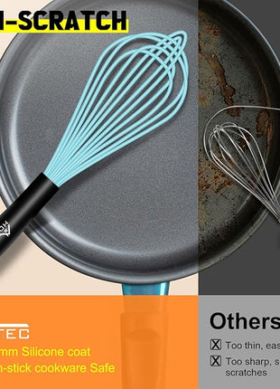 HOTEC 4 Pieces Silicone Whisks Set, Wire Balloon Whisks Egg Beater, Non-slip Handle Whisk for Non-stick Cookware Perfect for Cooking, Stirring, Beating and Blending (Blue)