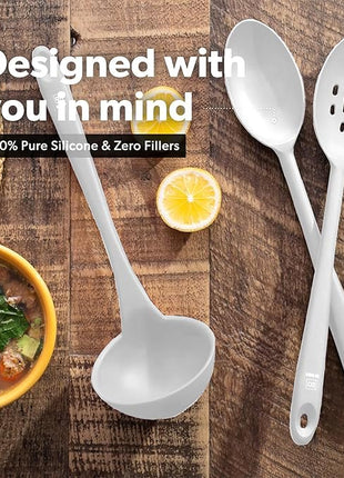 DI ORO Silicone Ladle & Spoons for Cooking – Large Kitchen Spoons for Mixing, Serving, & Stirring - Soup Ladle with Wide Bowl - High Heat Silicone Kitchen Utensils for Nonstick Cookware Safe (Stone)