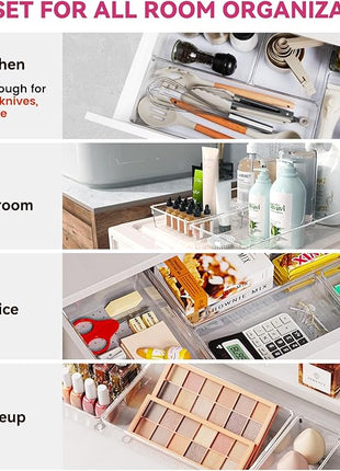 Criusia 26 Pack Large Clear Plastic Drawer Organizer Bins -5 Size Heavy Duty Acrylic Kitchen Drawer Organizers and Storage for Utensils -Bathroom Drawer Organizer Trays for Makeup Office Organization