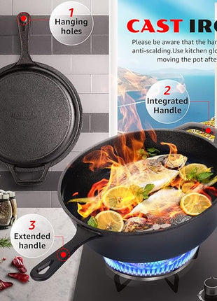 Overmont Cast Iron Dutch Oven with dual use Skillet lid for Oven, Induction, Electric, Grill, Stovetop, (3.2QT Pot, 10.5 inches)