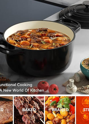 Miereirl 6 Quart Enameled Dutch Oven Pot with Lid, Cast Iron Dutch Oven with Dual Handles for Bread Baking, Cooking, Non-stick Enamel Coated Cookware (Black)