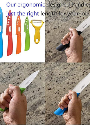 Ceramic Knife Set Knives Set for Kitchen Ceramic Kitchen Knives Colored w Sheath 6" Bread Knife 6" Chef Knife 5" Utility Knife 4" Fruit Knife 3" Paring Knife 1 Peeler Colorful Rust Free Proof