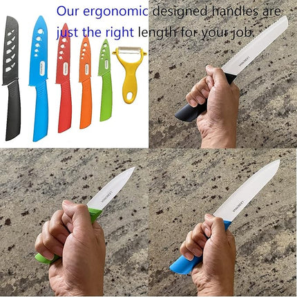 Ceramic Knife Set Knives Set for Kitchen Ceramic Kitchen Knives Colored w Sheath 6" Bread Knife 6" Chef Knife 5" Utility Knife 4" Fruit Knife 3" Paring Knife 1 Peeler Colorful Rust Free Proof