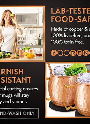 Gift Set Moscow Mule Mugs Set of 4 16 oz Copper Plated Stainless Steel 4 Straws 4 Coasters Jigger Shot Glass Stirring Spoon, Cleaning Brush