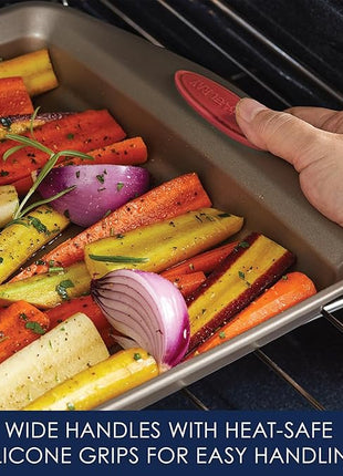 Rachael Ray Cucina Nonstick Bakeware Set Baking Cookie Sheets Cake Muffin Bread Pan, 10 Piece, Latte Brown with Cranberry Red Grips