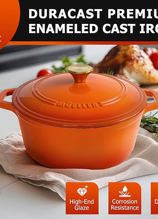 MUELLER HOME 6 Quart Enameled Cast Iron Dutch Oven for Bread Baking, Heavy-Duty Oven-Safe up to 500° F, & Across All Cooktops, House Warming Gifts New Home, Cast Iron Cookware, Gifts for Women, Orange