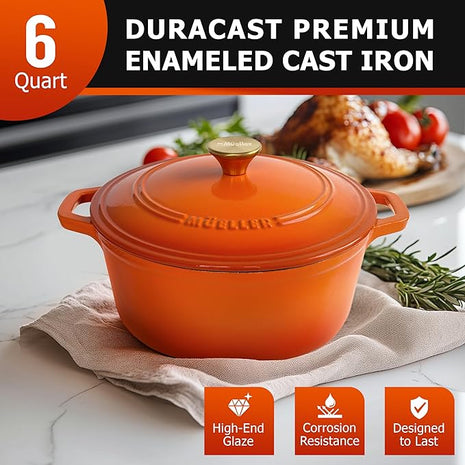 MUELLER HOME 6 Quart Enameled Cast Iron Dutch Oven for Bread Baking, Heavy-Duty Oven-Safe up to 500° F, & Across All Cooktops, House Warming Gifts New Home, Cast Iron Cookware, Gifts for Women, Orange
