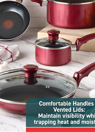 T-fal Essence, 20 Piece Non-Stick pots and pans Cookware Set, Red