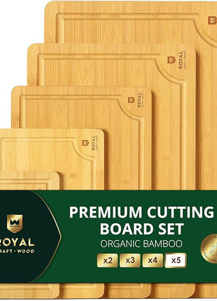 ROYAL CRAFT WOOD Wooden Cutting Boards for Kitchen Meal Prep & Serving - Bamboo Wood Serving Board Set with Deep Juice Groove Side Handles - Charcuterie & Chopping Butcher Block for Meat