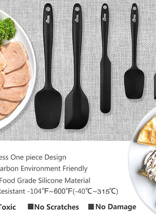 HOTEC 600℉ Heat Resistant BPA-Free Silicone Rubber Spatula Set,Kitchen Cooking Spatulas, Baking, Mixing for Non Stick Cookware, Dishwasher Safe, Black Set of 5