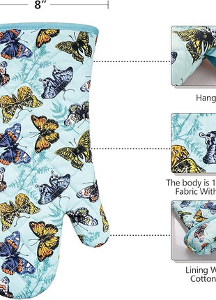 Oven Mitts Cotton Fashion Cute Butterfly Design 1pair Heat Resistant Oven Gloves Safe Cooking Baking Grilling Barbecue Machine Washable Pot Holders (Butterfly)