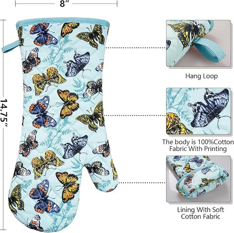 Oven Mitts Cotton Fashion Cute Butterfly Design 1pair Heat Resistant Oven Gloves Safe Cooking Baking Grilling Barbecue Machine Washable Pot Holders (Butterfly)