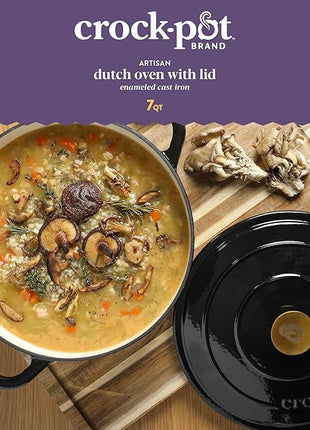 Crock Pot Artisan 7-Quart Round Cast Iron Dutch Oven with Lid – Black Enamel Finish, Gold Knob, Durable Heavy-Duty Cookware for Slow Cooking, Baking, and Roasting