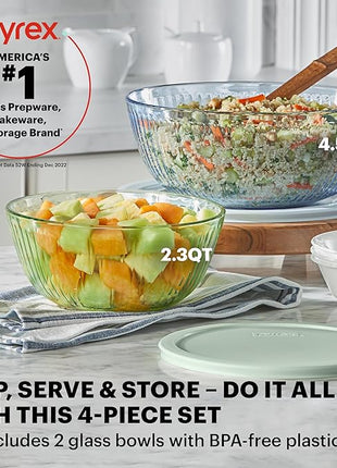 Pyrex Colors Tinted 4-PC, Medium/Large Glass Mixing Bowls With Lids, Nesting Space Saving Set of Bowls For Prepping and Baking, 2.3QT & 4.5QT