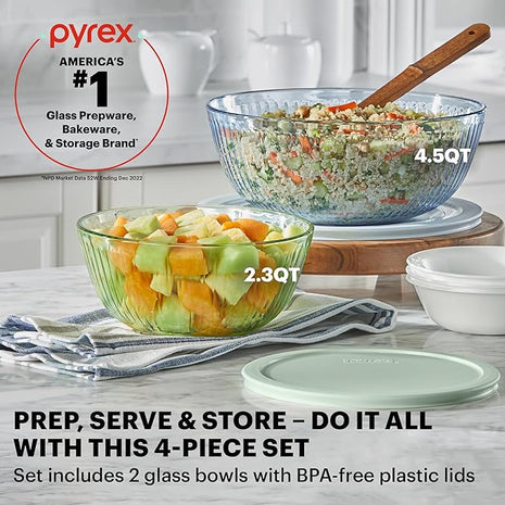 Pyrex Colors Tinted 4-PC, Medium/Large Glass Mixing Bowls With Lids, Nesting Space Saving Set of Bowls For Prepping and Baking, 2.3QT & 4.5QT