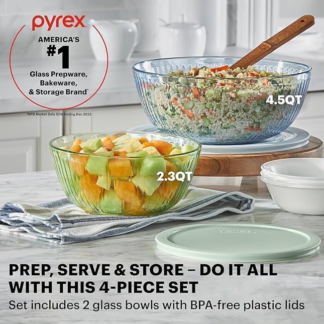 Pyrex Colors Tinted 4-PC, Medium/Large Glass Mixing Bowls With Lids, Nesting Space Saving Set of Bowls For Prepping and Baking, 2.3QT & 4.5QT