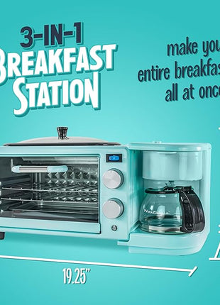 Nostalgia 3-in-1 Retro Breakfast Station - Includes 5 Cup Coffee Maker, Non-Stick Ceramic Griddle, and 4-Slice Toaster Oven - Built-In Timer, Reusable Coffee Filter, Space-Saving Design - Aqua