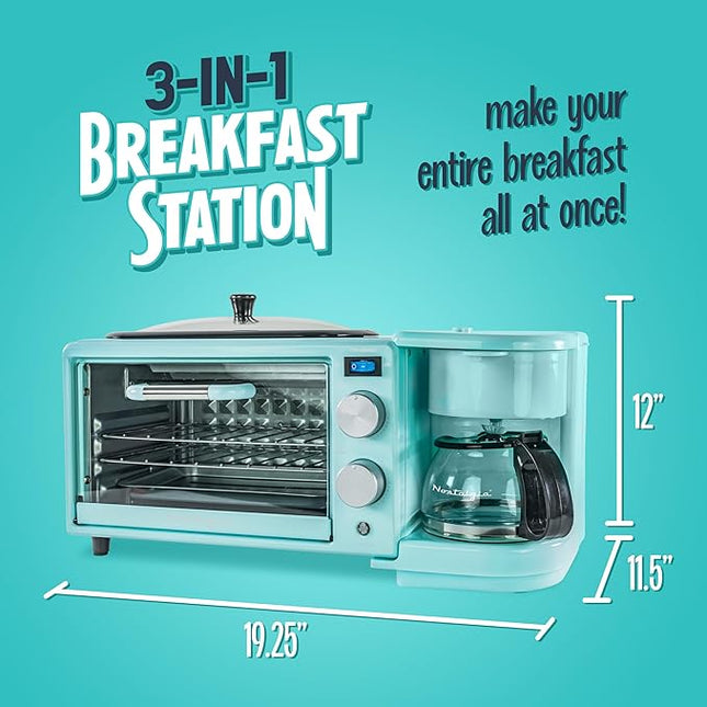 Nostalgia 3-in-1 Retro Breakfast Station - Includes 5 Cup Coffee Maker, Non-Stick Ceramic Griddle, and 4-Slice Toaster Oven - Built-In Timer, Reusable Coffee Filter, Space-Saving Design - Aqua