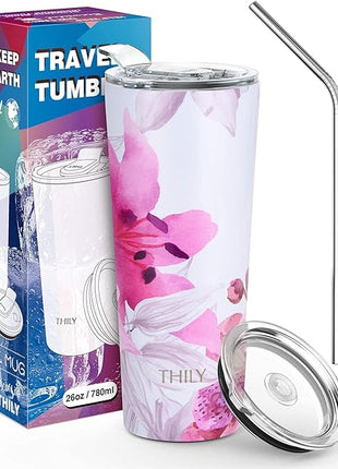 THILY Tumbler Stainless Steel Coffee Cup 26 oz Triple-Insulated Travel Mug with Splash-Proof Lid, for Ice Drinks and Hot Beverage Smoothies Cup, Lotus Flower