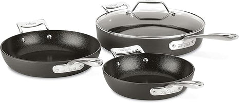 All-Clad Essentials Hard Anodized Nonstick Sauce Pan Set 4 Piece, 8, 10.25 Inch, 4 Quart Oven Broiler Safe 500F Pots and Pans, Cookware Black