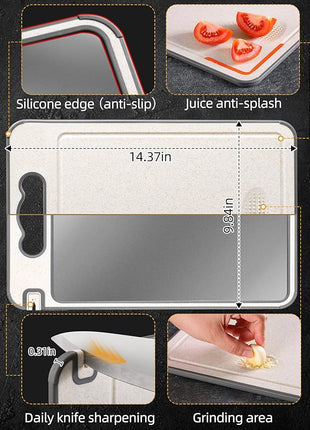 Titanium Cutting Board Double Sided for Kitchen,Knife Sharpener & Garlic Grater Wheat Straw + PP with Juice Groove Large Chopping Board（15×10In） Kitchen Necessities for Home