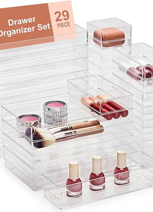 SMARTAKE 29-Piece Drawer Organizer with Non-Slip Silicone Pads, 4-Size Desk Drawer Organizer Trays Storage Tray for Makeup, Jewelries, Utensils in Bedroom Dresser, Office and Kitchen (Clear)