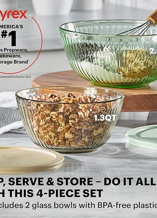 Pyrex Colors Tinted 4-PC, Small/Medium Glass Mixing Bowls With Lids, Nesting Space Saving Set of Bowls For Prepping and Baking, 1.3QT & 2.3QT